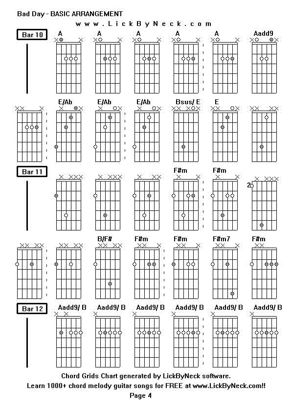 Chord Grids Chart of chord melody fingerstyle guitar song-Bad Day - BASIC ARRANGEMENT,generated by LickByNeck software.